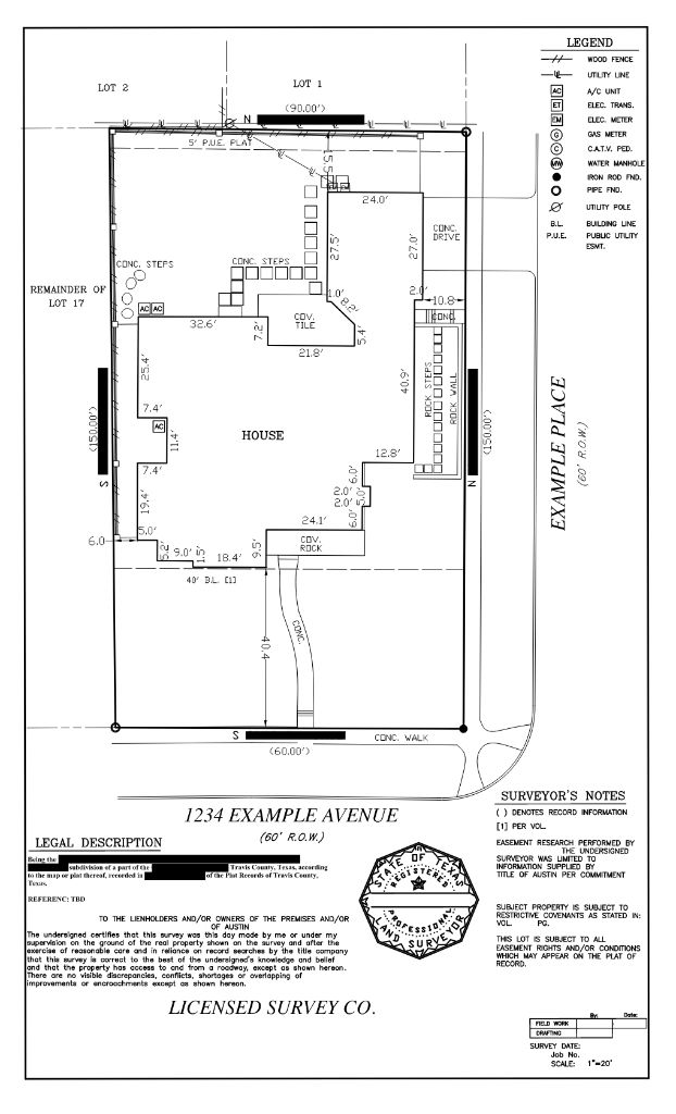 Professional property survey example showing boundaries and structures